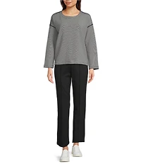Eileen Fisher Organic Cotton Double Knit Stripe Round Neck Long Sleeve Reversible Top