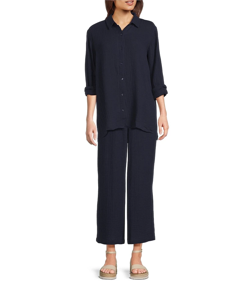 Eileen Fisher Organic Cotton Gauze Elastic Waist Straight Leg Pants