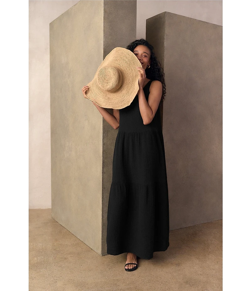 Eileen Fisher Organic Cotton Gauze Scoop Neck Sleeveless Tiered Maxi Dress
