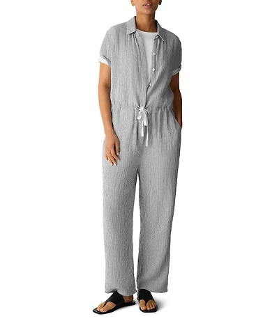 Eileen Fisher Organic Cotton Gauze Yarn-Dyed Stripe Point Collar Short Sleeve Jumpsuit