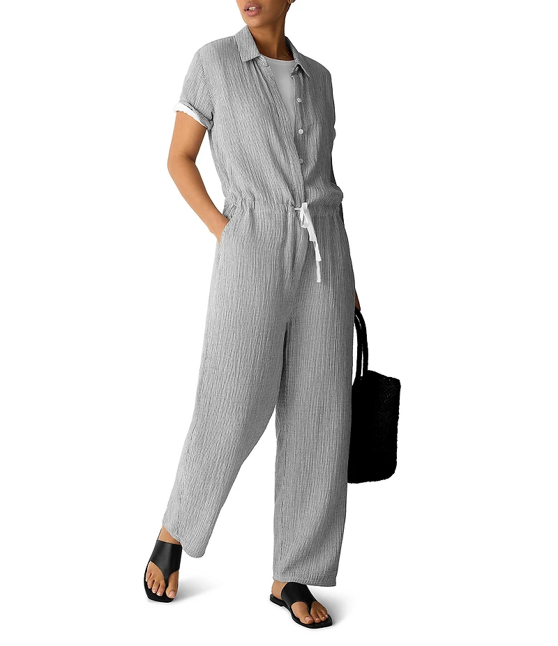 Eileen Fisher Organic Cotton Gauze Yarn-Dyed Stripe Point Collar Short Sleeve Jumpsuit