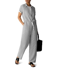 Eileen Fisher Organic Cotton Gauze Yarn-Dyed Stripe Point Collar Short Sleeve Jumpsuit