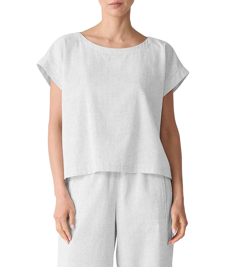 Eileen Fisher Organic Cotton Grid Pattern Boat Neck Short Sleeve Top