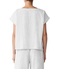 Eileen Fisher Organic Cotton Grid Pattern Boat Neck Short Sleeve Top