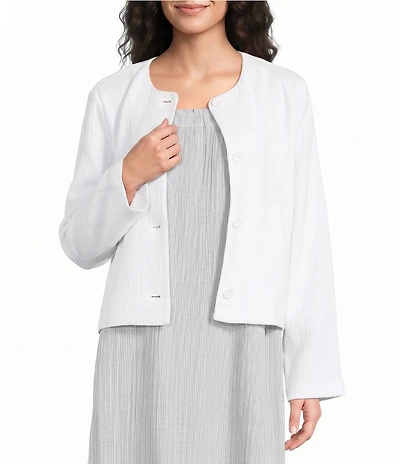 Eileen Fisher Organic Cotton Jacqaurd Round Neck Long Sleeve Jacket