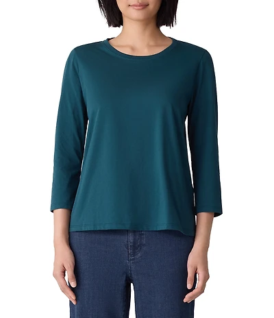 Eileen Fisher Organic Cotton Jersey Knit Round Neck 3/4 Sleeve Tee