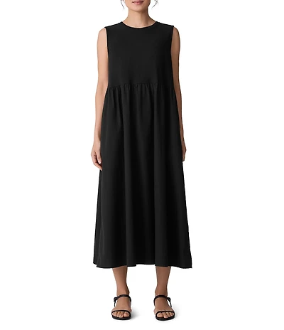 Eileen Fisher Organic Cotton Knit Poplin Round Neck Sleeveless Midi Dress