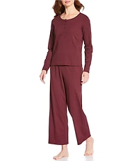 Eileen Fisher Organic Cotton Long Sleeve Henley Ribbed Knit Long Pajama Set