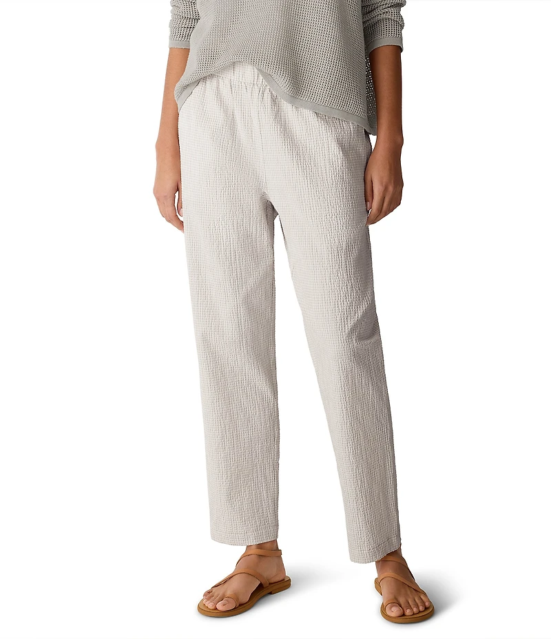 Eileen Fisher Organic Cotton Pucker Check Elastic Waist Tapered Ankle Pants