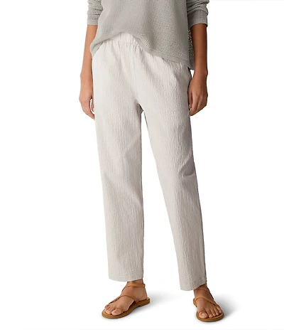 Eileen Fisher Organic Cotton Pucker Check Elastic Waist Tapered Ankle Pants