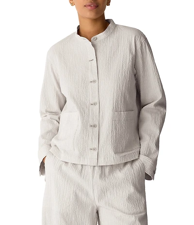 Eileen Fisher Organic Cotton Pucker Check Mandarin Collar Long Sleeve Jacket