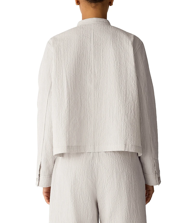 Eileen Fisher Organic Cotton Pucker Check Mandarin Collar Long Sleeve Jacket