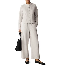 Eileen Fisher Organic Cotton Pucker Check Mandarin Collar Long Sleeve Jacket