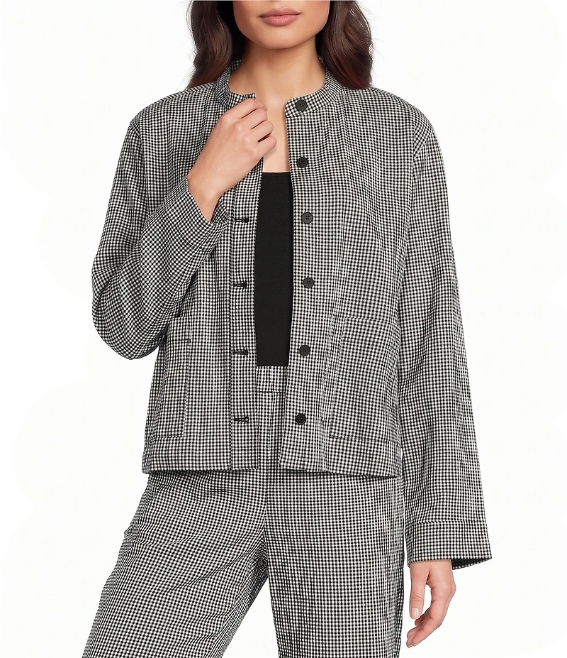 Eileen Fisher Organic Cotton Pucker Check Mandarin Collar Long Sleeve Jacket
