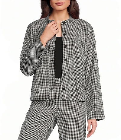 Eileen Fisher Organic Cotton Pucker Check Mandarin Collar Long Sleeve Jacket