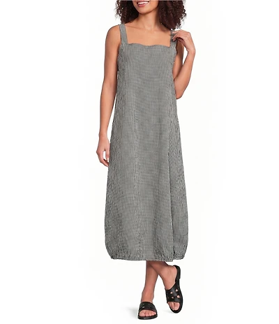 Eileen Fisher Organic Cotton Pucker Check Square Neck Sleevless Lantern Dress