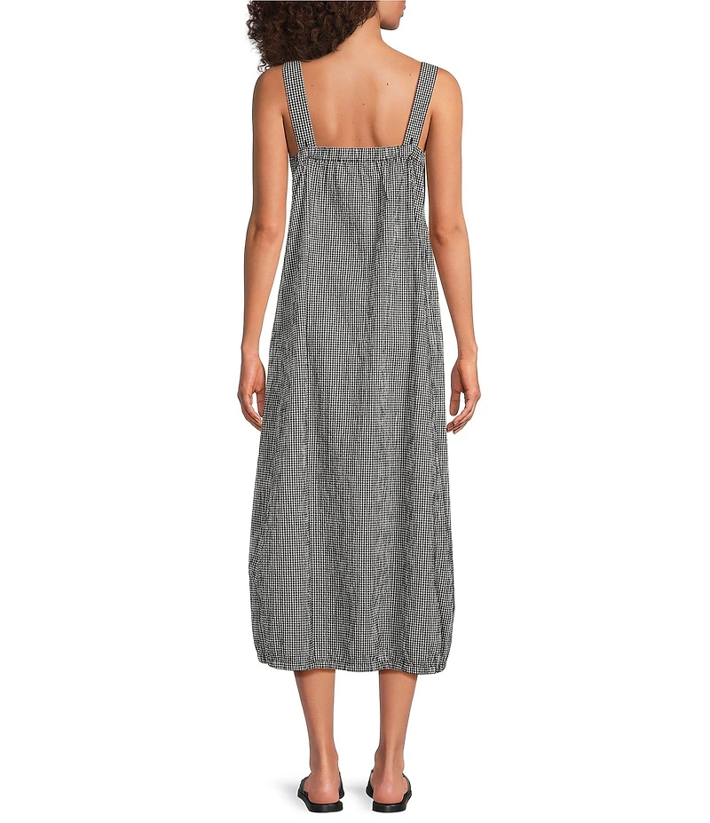 Eileen Fisher Organic Cotton Pucker Check Square Neck Sleevless Lantern Dress