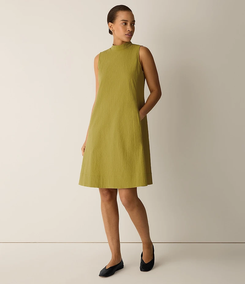 Eileen Fisher Organic Cotton Pucker Mock Neck Sleeveless A-Line Dress
