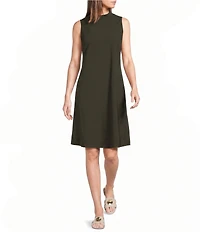 Eileen Fisher Organic Cotton Pucker Mock Neck Sleeveless A-Line Dress