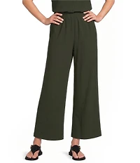 Eileen Fisher Organic Cotton Pucker Weave Seersucker Wide-Leg Pull-On Ankle Pants