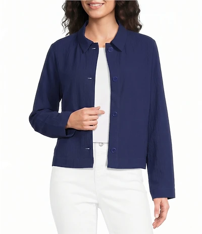 Eileen Fisher Organic Cotton Puckered Point Collar Long Sleeve A-Line Button-Front Jacket