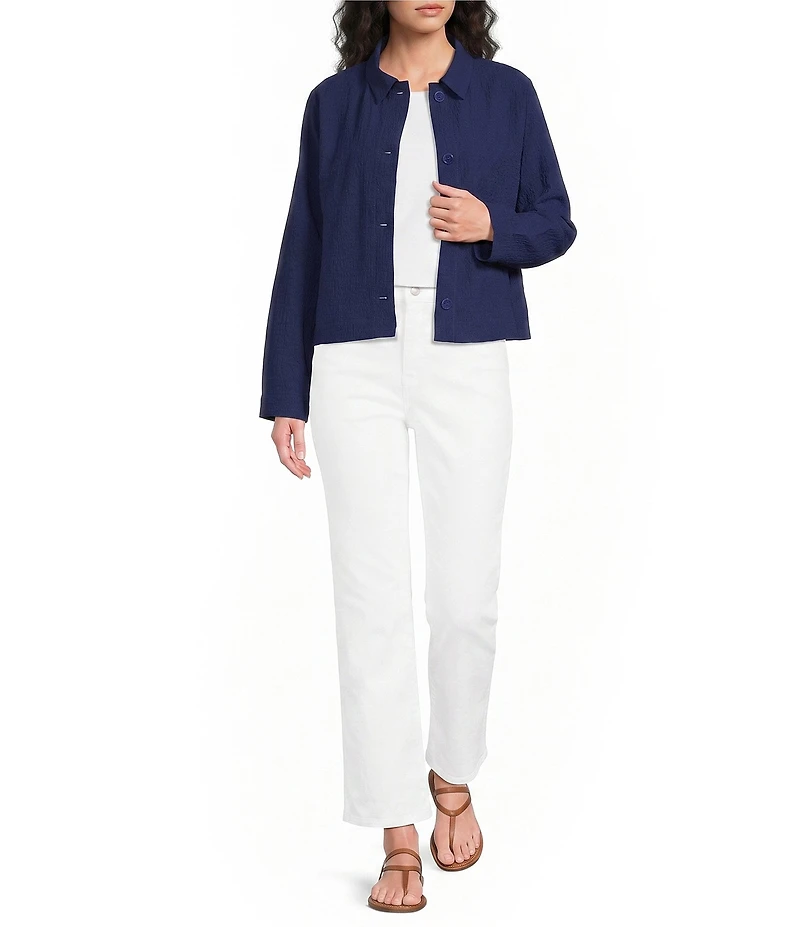 Eileen Fisher Organic Cotton Puckered Point Collar Long Sleeve A-Line Button-Front Jacket