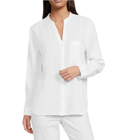 Eileen Fisher Organic Cotton Ripple Mandarin Collar Patch Pocket Long Sleeve Shirt