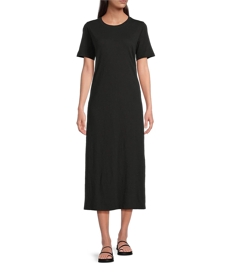 Eileen Fisher Organic Cotton Slub Jersey Crew Neck Short Sleeve Midi Dress
