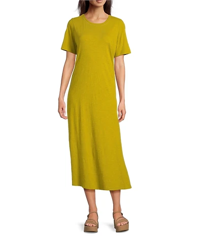 Eileen Fisher Organic Cotton Slub Jersey Crew Neck Short Sleeve Midi Dress