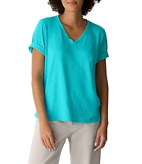 Eileen Fisher Organic Cotton Slub Jersey Knit V-Neck Short Sleeve Tee