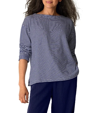 Eileen Fisher Organic Cotton Slub Knit Striped Boat Neck Long Sleeve Top
