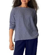 Eileen Fisher Organic Cotton Slub Knit Striped Boat Neck Long Sleeve Top