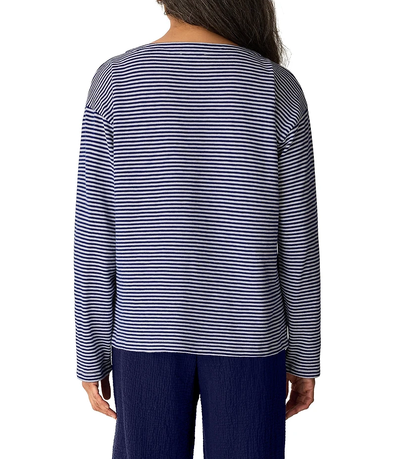 Eileen Fisher Organic Cotton Slub Knit Striped Boat Neck Long Sleeve Top