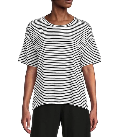 Eileen Fisher Organic Cotton Stripe Knit Crew Neck Short Sleeve Box Top