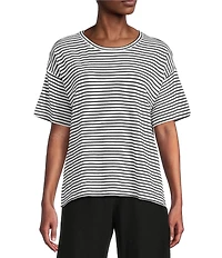 Eileen Fisher Organic Cotton Stripe Knit Crew Neck Short Sleeve Box Top
