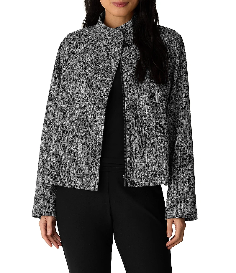 Eileen Fisher Organic Cotton Tweed Woven Stand Collar Long Sleeve Hidden Front Zip Jacket