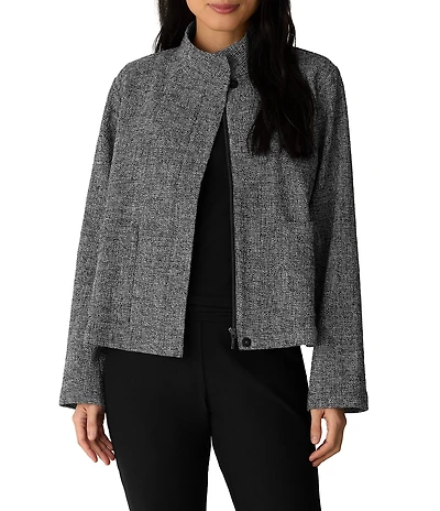 Eileen Fisher Organic Cotton Tweed Woven Stand Collar Long Sleeve Hidden Front Zip Jacket