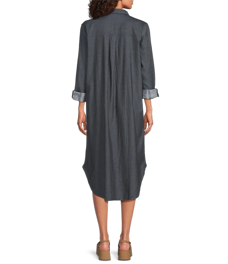 Eileen Fisher Organic Cotton Twill Classic Point Collar Long Sleeve Button Front Midi Shirt Dress