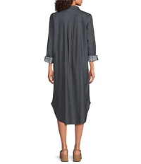 Eileen Fisher Organic Cotton Twill Classic Point Collar Long Sleeve Button Front Midi Shirt Dress