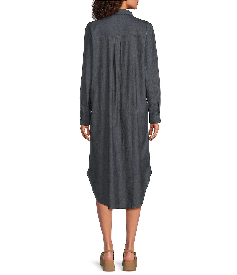 Eileen Fisher Organic Cotton Twill Classic Point Collar Long Sleeve Button Front Midi Shirt Dress