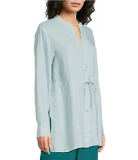 Eileen Fisher Organic Handkerchief Linen Split V-Neck Long Sleeve Cinched Waist Shirt