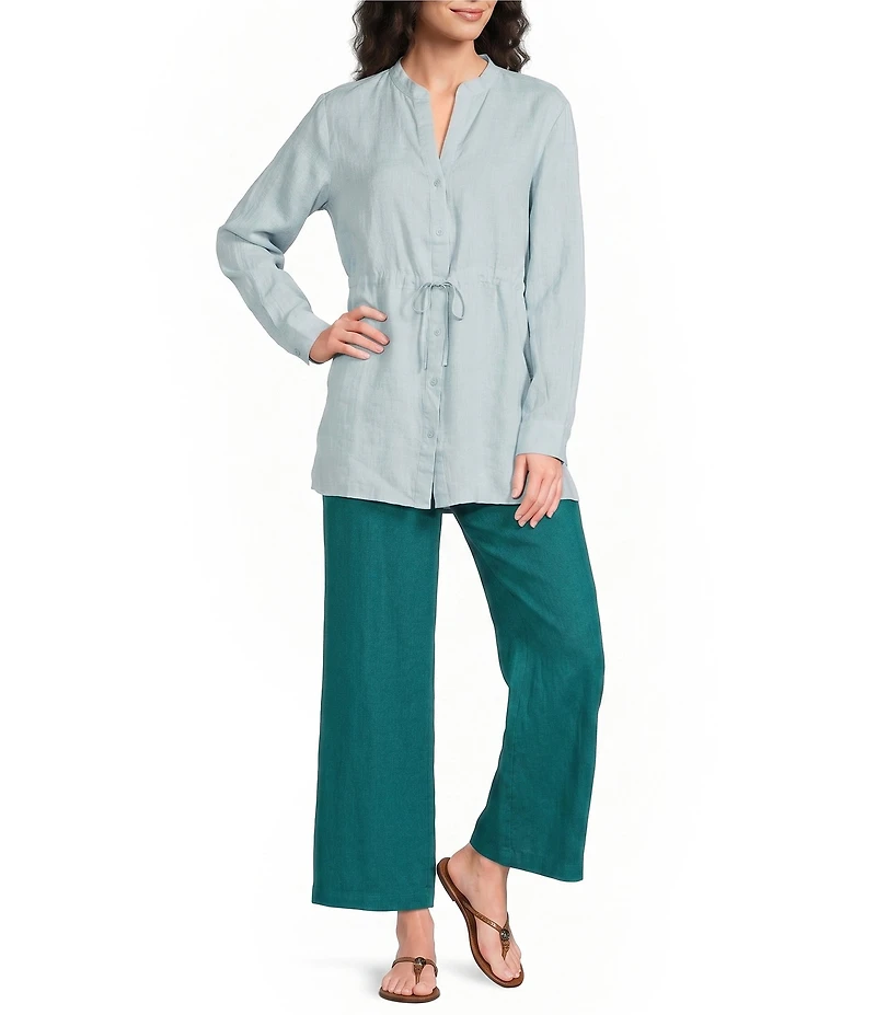 Eileen Fisher Organic Handkerchief Linen Split V-Neck Long Sleeve Cinched Waist Shirt