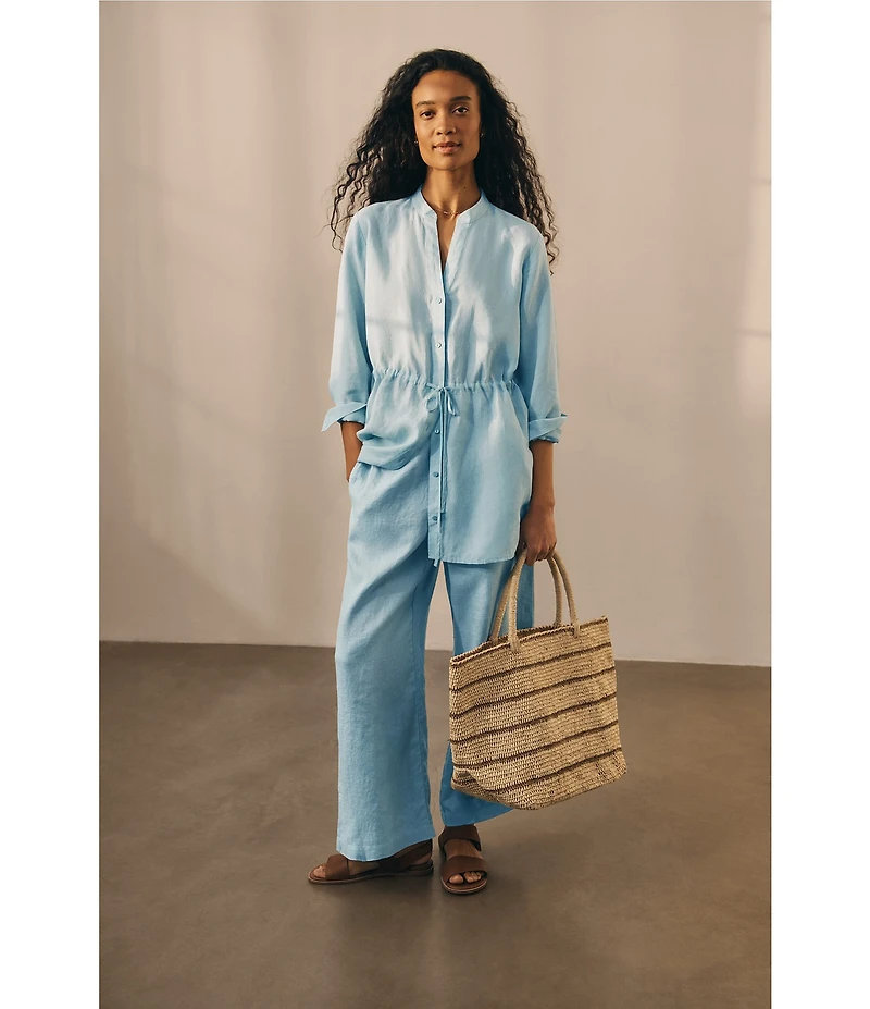 Eileen Fisher Organic Handkerchief Linen Split V-Neck Long Sleeve Cinched Waist Shirt