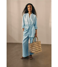 Eileen Fisher Organic Handkerchief Linen Split V-Neck Long Sleeve Cinched Waist Shirt