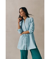 Eileen Fisher Organic Handkerchief Linen Split V-Neck Long Sleeve Cinched Waist Shirt