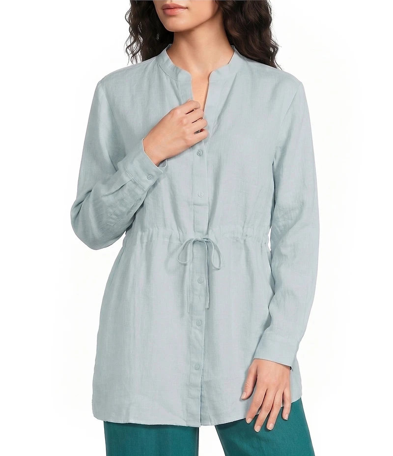 Eileen Fisher Organic Handkerchief Linen Split V-Neck Long Sleeve Cinched Waist Shirt