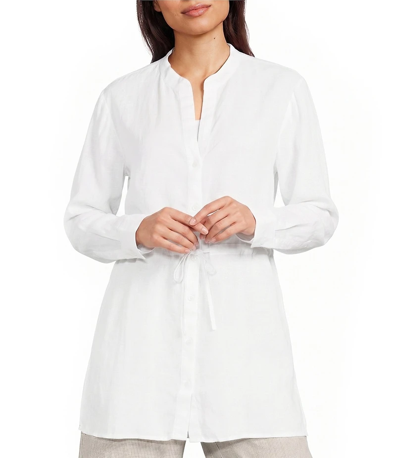 Eileen Fisher Organic Handkerchief Linen Split V-Neck Long Sleeve Cinched Waist Shirt