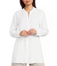 Eileen Fisher Organic Handkerchief Linen Split V-Neck Long Sleeve Cinched Waist Shirt