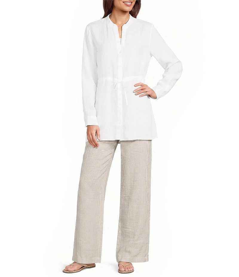 Eileen Fisher Organic Handkerchief Linen Split V-Neck Long Sleeve Cinched Waist Shirt