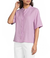 Eileen Fisher Organic Handkerchief Linen Mandarin Collar Short Sleeve Button Front Shirt
